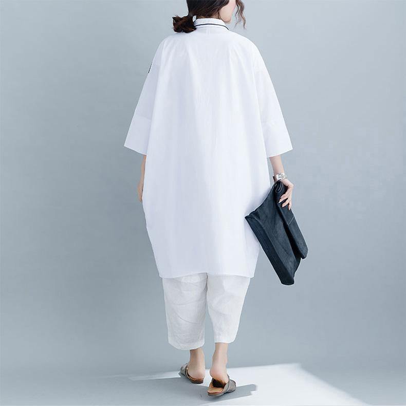 Style cotton tunics for women stylish Three Quarter sleeve print Catwalk white box blouse - Omychic