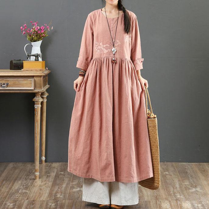 Style embroidery o neck cotton dresses Fabrics nude Dresses summer - Omychic