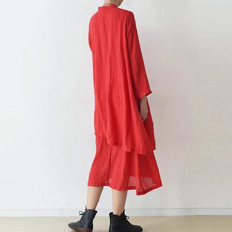 Style false two pieces cotton dresses Sewing red Dress fall - Omychic