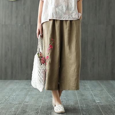 Style for women Fashion Linen Nude Embroidery Casual Wide Leg Pants - Omychic