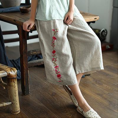 Style for women Fashion Linen Nude Embroidery Casual Wide Leg Pants - Omychic