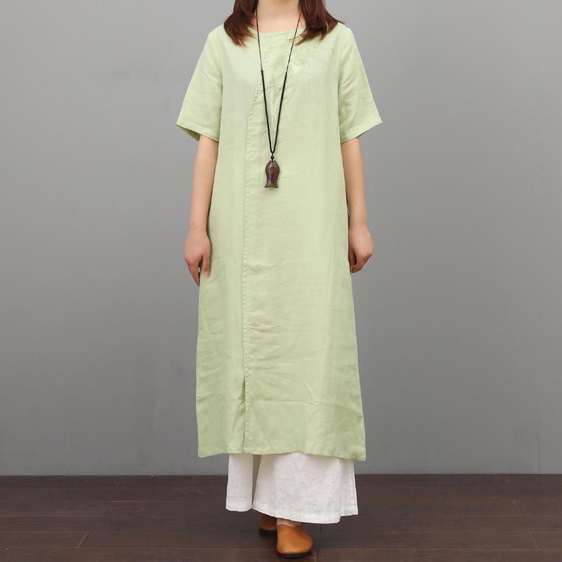 Style front open linen outfit Tunic Tops light green Dresses summer - Omychic