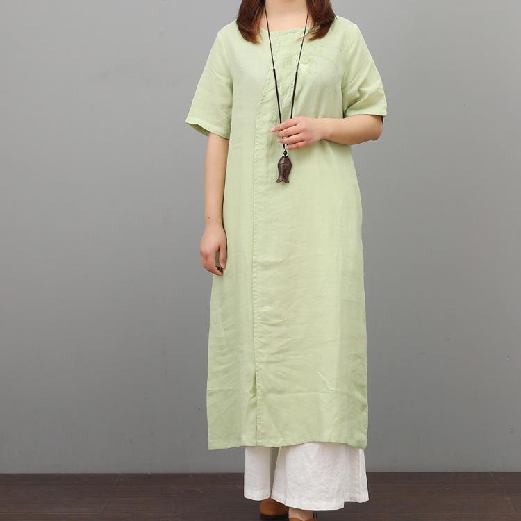 Style front open linen outfit Tunic Tops light green Dresses summer - Omychic