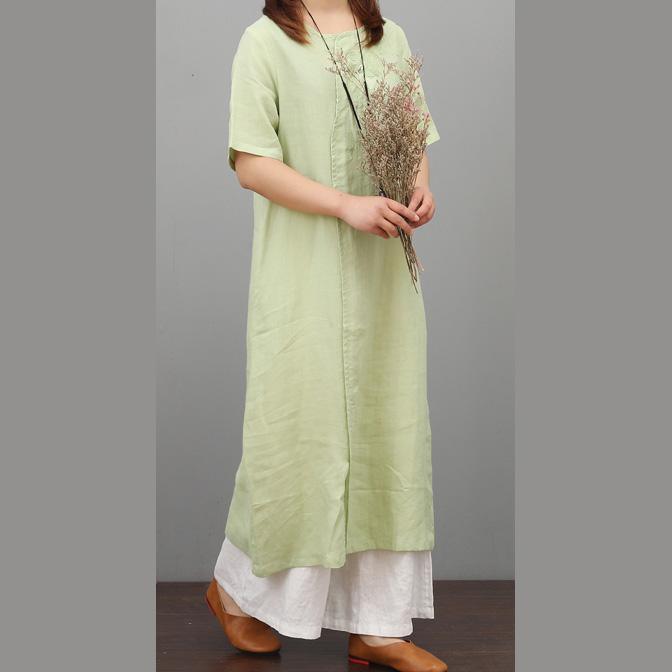 Style front open linen outfit Tunic Tops light green Dresses summer - Omychic