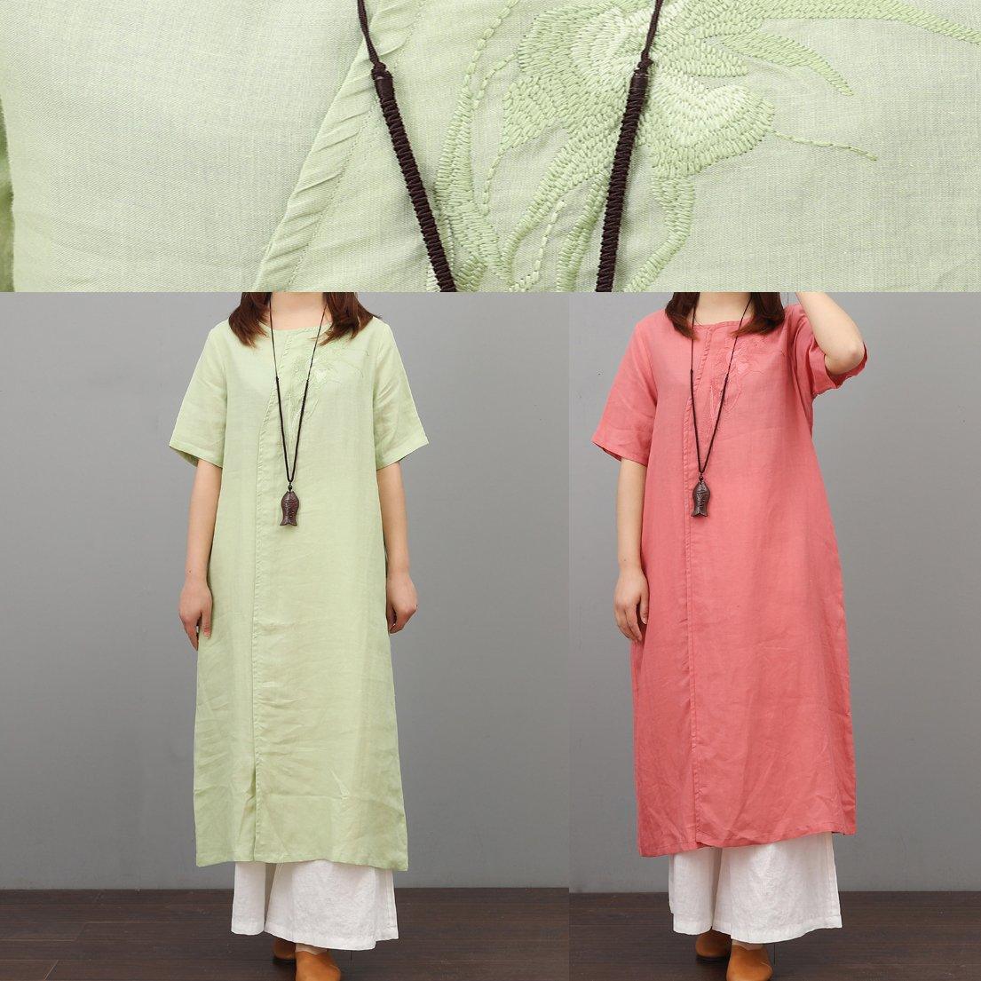 Style front open linen outfit Tunic Tops light green Dresses summer - Omychic