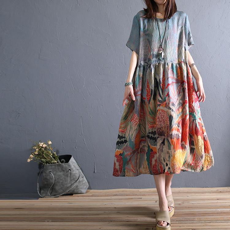 Style gray print cotton quilting dresses wrinkled o neck Kaftan summer Dresses - Omychic