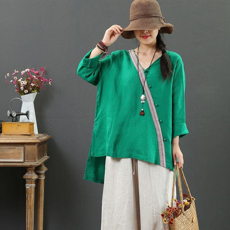 Style green linen clothes v neck side open Vestidos De Lino fall blouse - Omychic