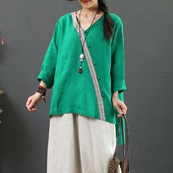 Style green linen clothes v neck side open Vestidos De Lino fall blouse - Omychic