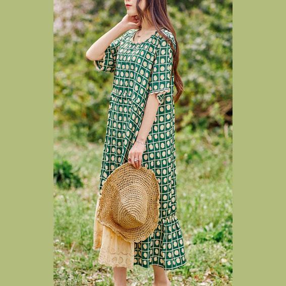 Style green print linen cotton dress o neck patchwork robes summer Dress - Omychic