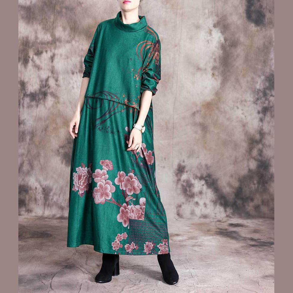 Style green print tunic dress high neck patchwork robes fall Dress - Omychic