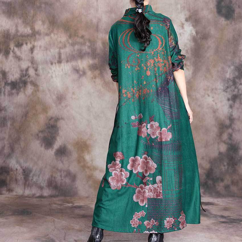 Style green print tunic dress high neck patchwork robes fall Dress - Omychic