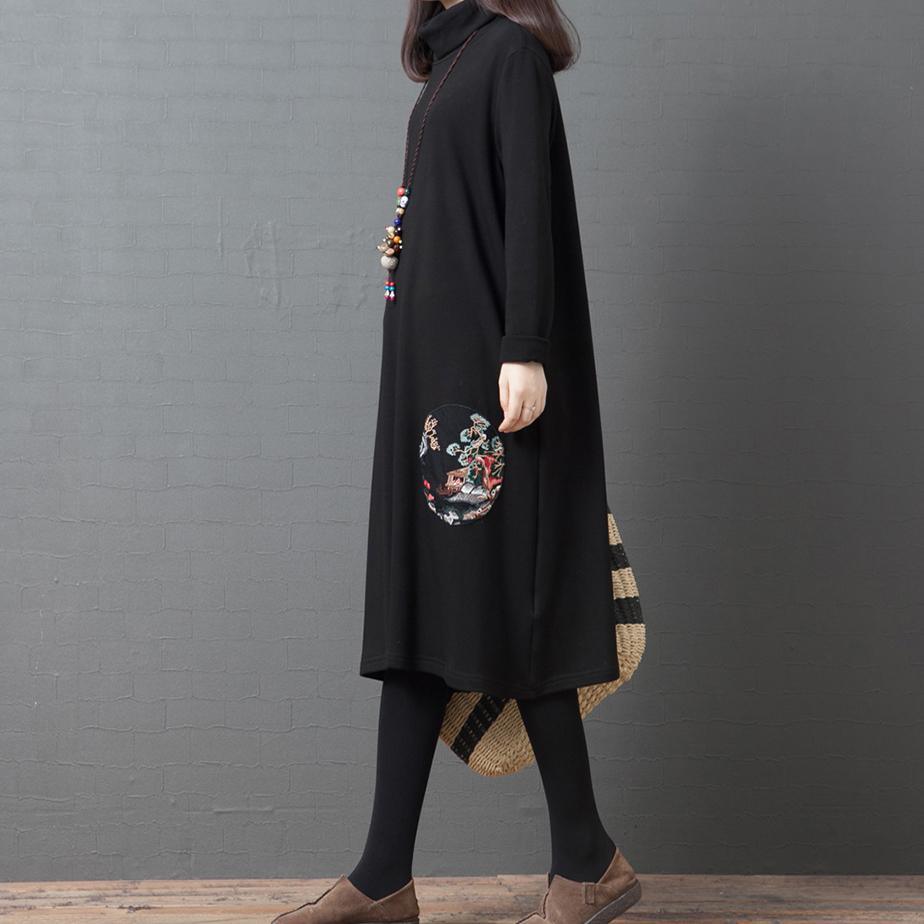 Style high neck pockets cotton dress Photography black Robe Dress - Omychic