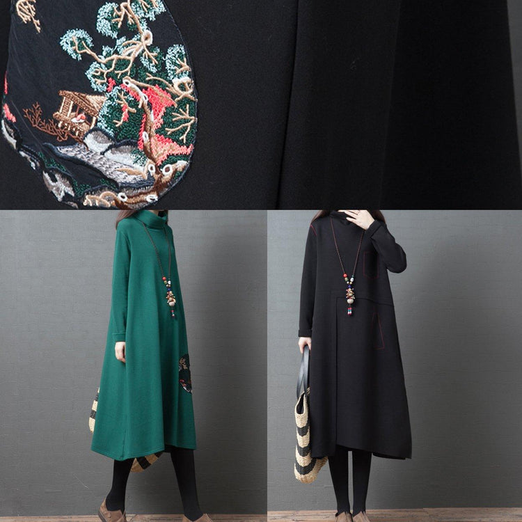 Style high neck pockets cotton dress Photography black Robe Dress - Omychic