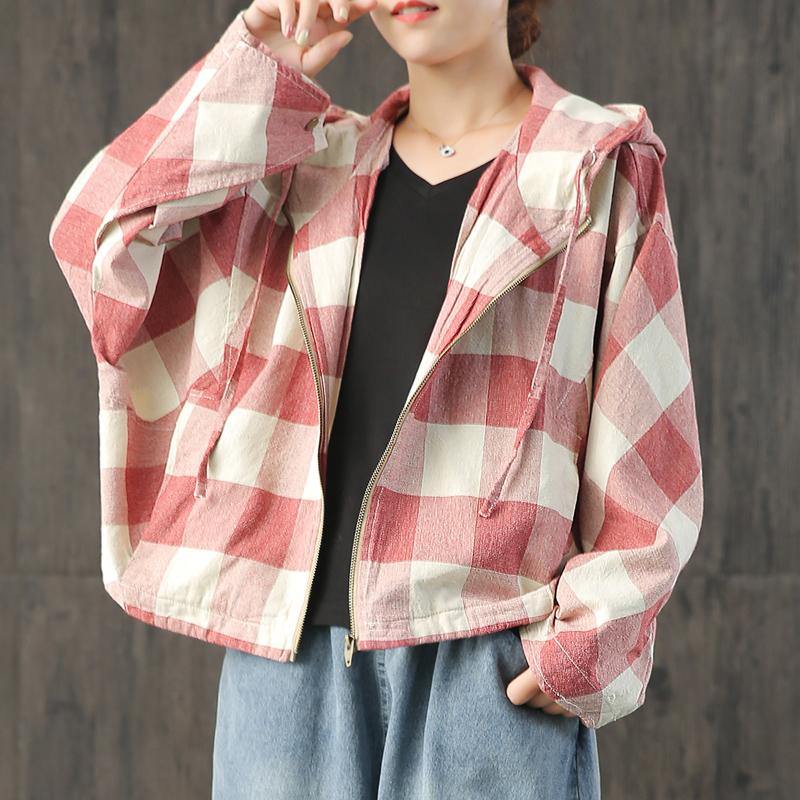 Style hooded Batwing Sleeve linen Blouse Wardrobes red Plaid coats fall - Omychic