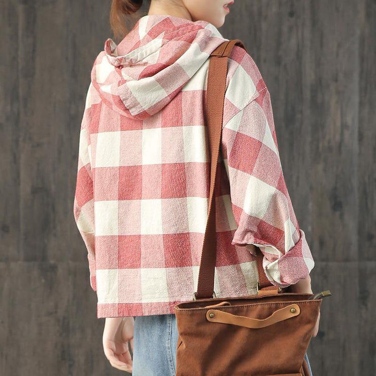 Style hooded Batwing Sleeve linen Blouse Wardrobes red Plaid coats fall - Omychic