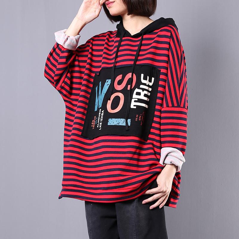 Style hooded cotton clothes For Women Sewing red striped blouses fall - Omychic