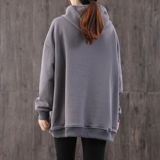 Style hooded drawstring cotton linen tops women Neckline dark gray print shirt - Omychic
