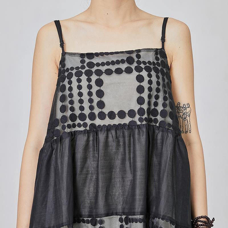 Style linen Robes Vintage Dots Spliced Black Loose Slip Dress - Omychic