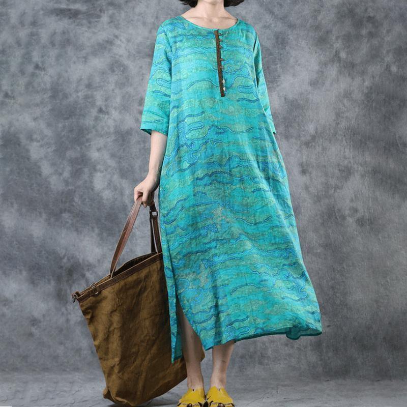 Style linen clothes For Women Plus Size Print Round Neck Linen Half Sleeve Dress - Omychic