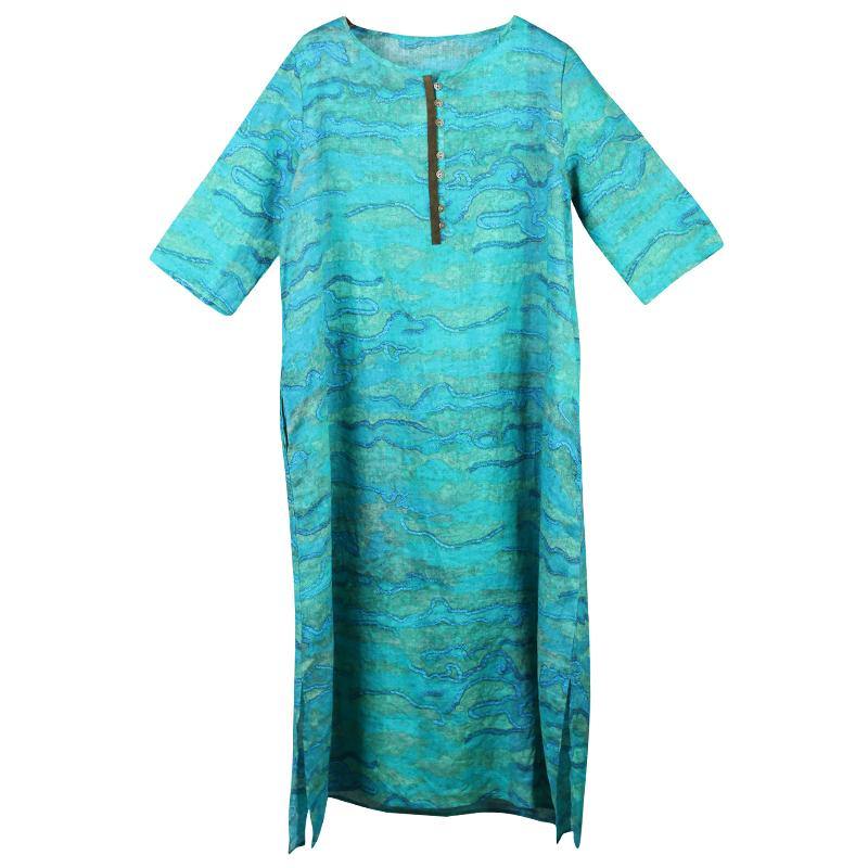 Style linen clothes For Women Plus Size Print Round Neck Linen Half Sleeve Dress - Omychic