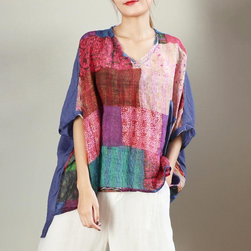 Style linen linen tops women plus size V-Neck Printed Casual Loose Breathable Blouse - Omychic