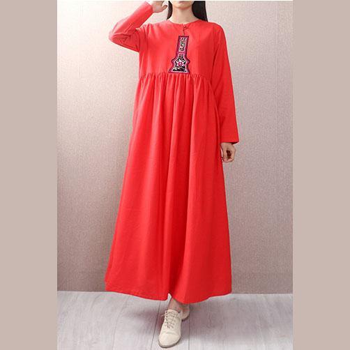Style long sleeve big hem linen Robes design red o neck Dresses fall - Omychic