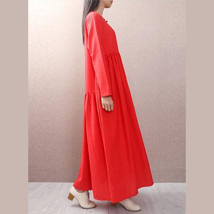 Style long sleeve big hem linen Robes design red o neck Dresses fall - Omychic