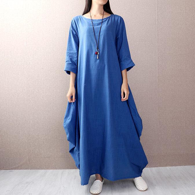Style long sleeve linen dress Tunic Tops blue Dress autumn - Omychic