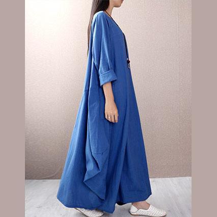 Style long sleeve linen dress Tunic Tops blue Dress autumn - Omychic