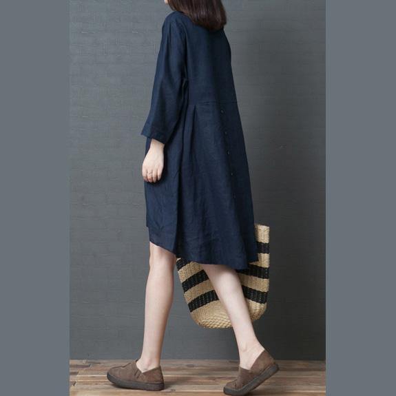 Style navy linen clothes Organic Fabrics o neck asymmetric Midi Dresses - Omychic