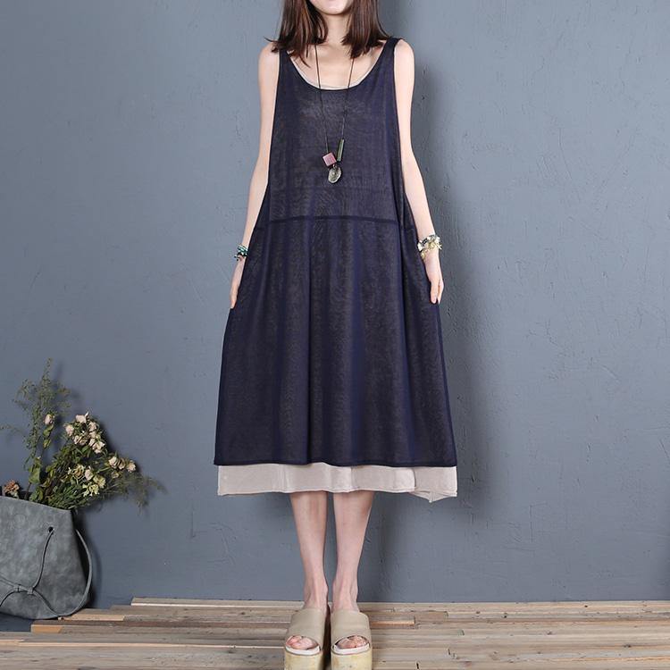 Style navy silk cotton dresses sleeveless false two pieces Plus Size  summer Dress - Omychic