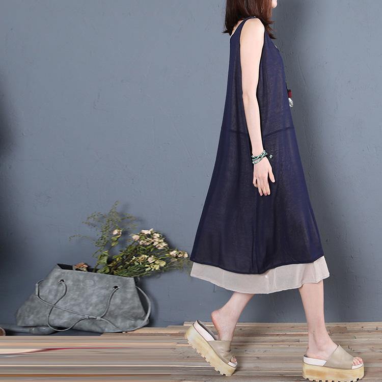 Style navy silk cotton dresses sleeveless false two pieces Plus Size  summer Dress - Omychic