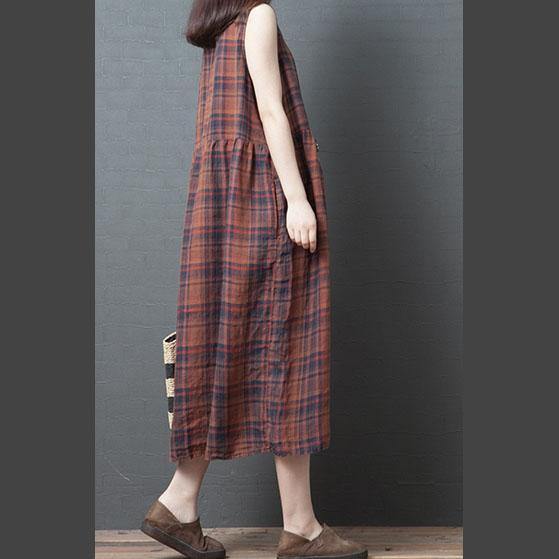 Style o neck  cotton clothes Women design khaki plaid cotton Dress sleeveless summer - Omychic