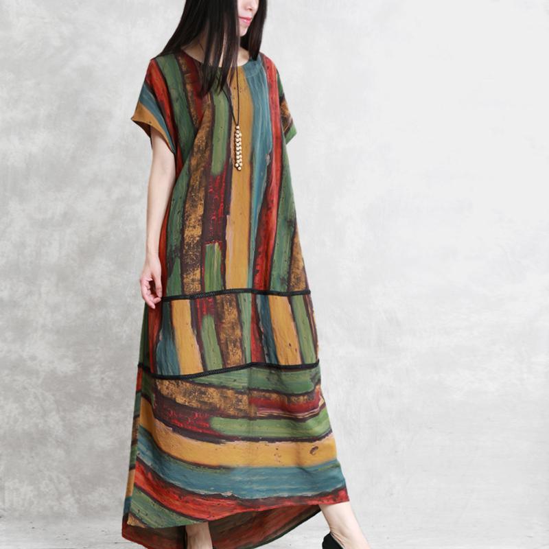 Style o neck batwing sleeve dresses yellow green striped Dress summer - Omychic