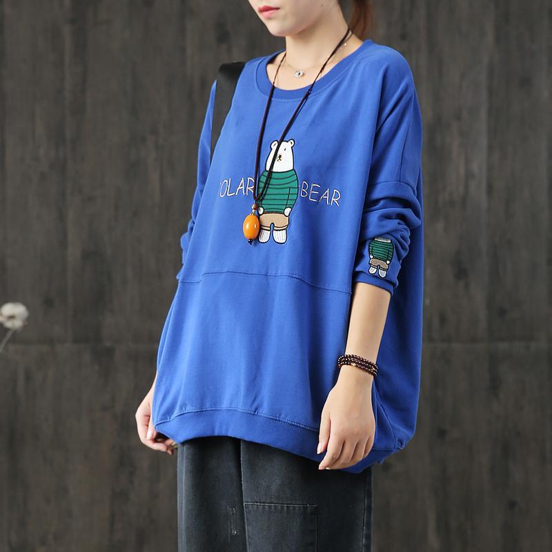 Style o neck cotton top silhouette pattern blue Cartoon embroidery blouses fall - Omychic