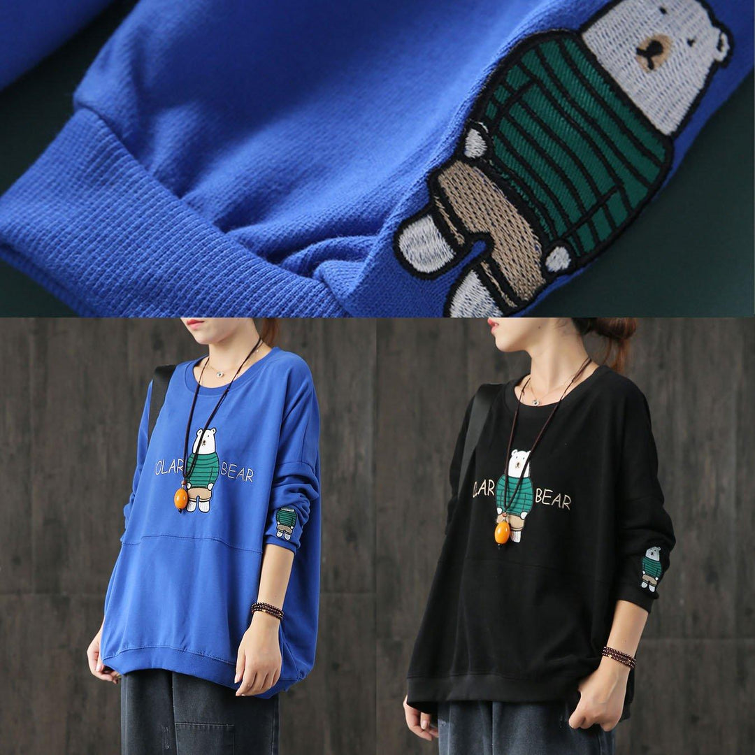 Style o neck cotton top silhouette pattern blue Cartoon embroidery blouses fall - Omychic