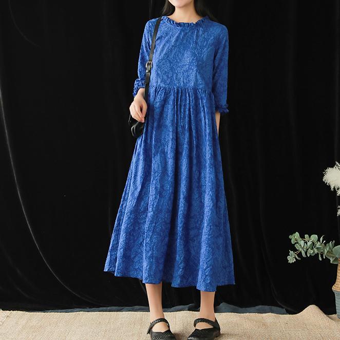 Style o neck jacquard cotton quilting clothes Catwalk blue long Dresses summer - Omychic