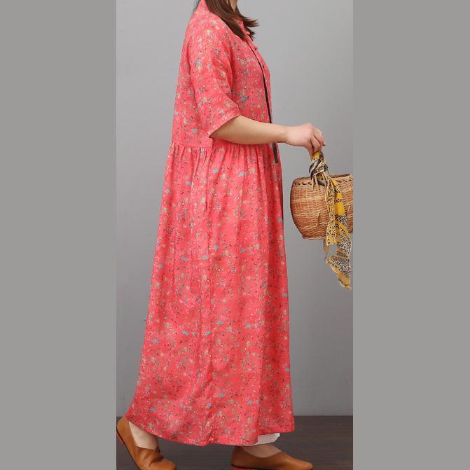 Style o neck linen clothes Sleeve red floral Dresses summer - Omychic