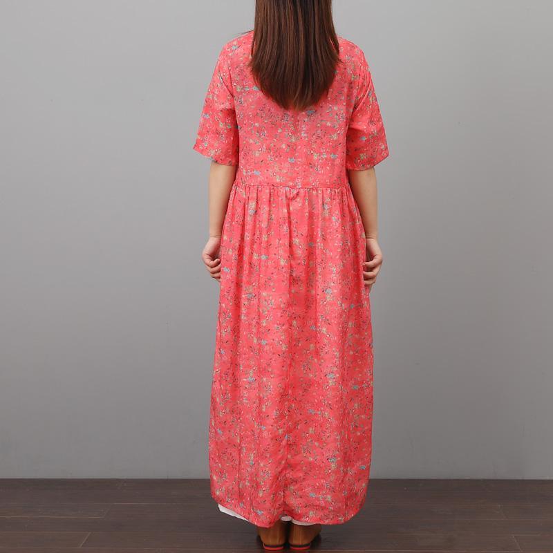 Style o neck linen clothes Sleeve red floral Dresses summer - Omychic