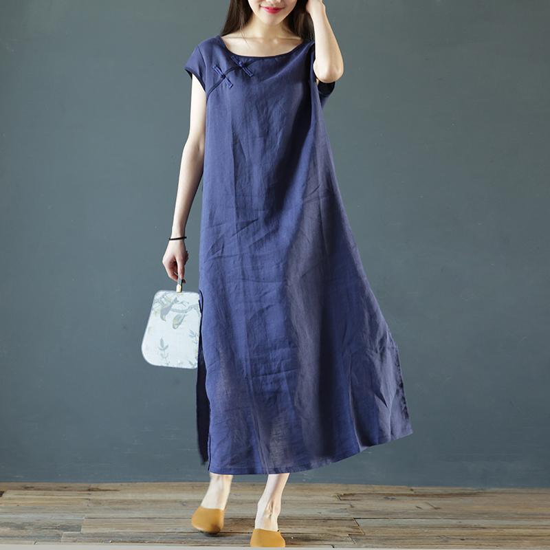 Style o neck linen cotton Robes Tunic Tops navy Dresses summer - Omychic