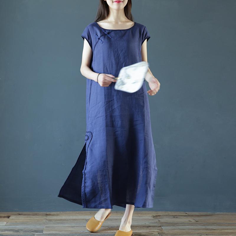 Style o neck linen cotton Robes Tunic Tops navy Dresses summer - Omychic