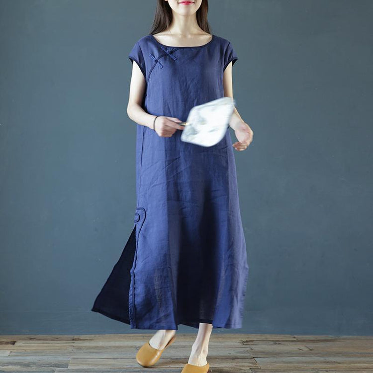 Style o neck linen cotton Robes Tunic Tops navy Dresses summer - Omychic