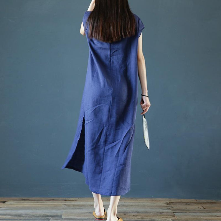 Style o neck linen cotton Robes Tunic Tops navy Dresses summer - Omychic