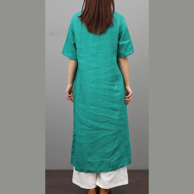 Style o neck linen cotton Robes Wardrobes green embroidery Dress summer - Omychic