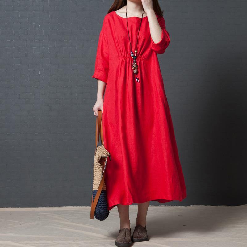 Style o neck linen outfit plus size Runway red Vestidos De Lino Dress sundress - Omychic
