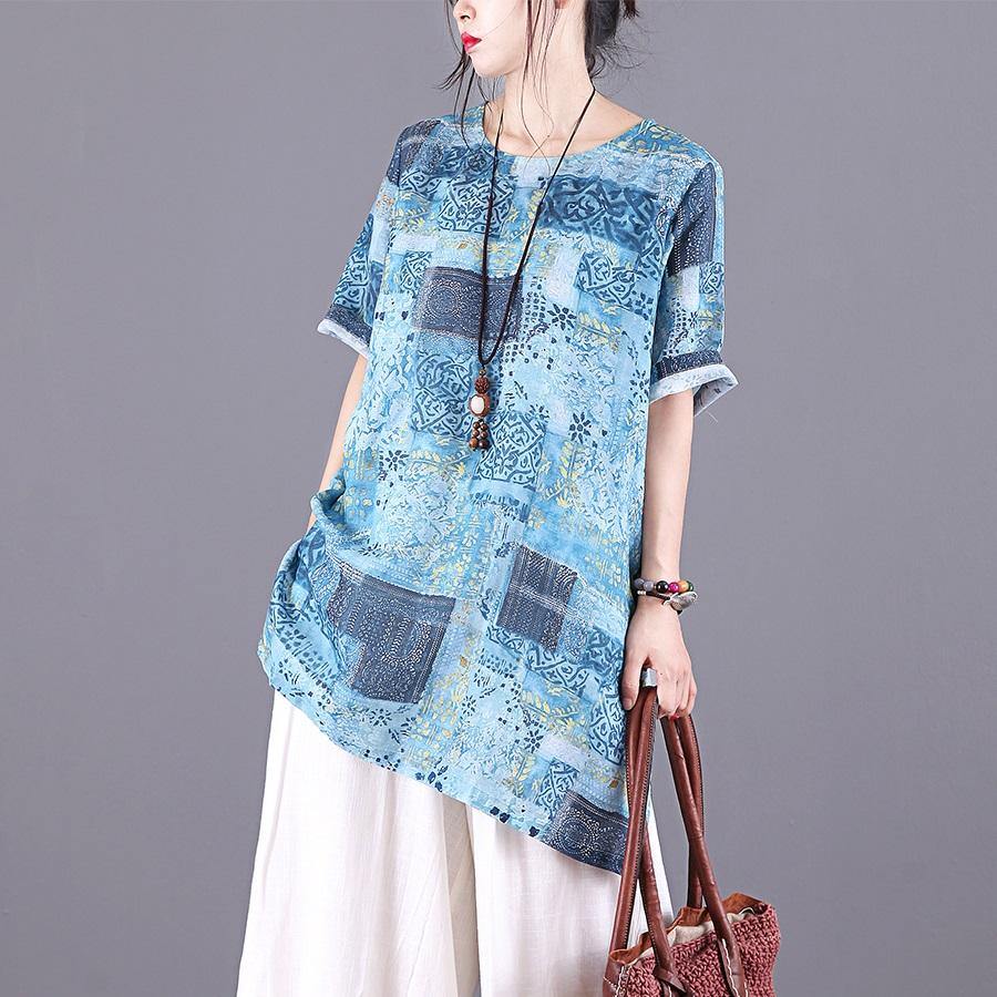 Style o neck low high design linen tops women blue print blouses summer - Omychic