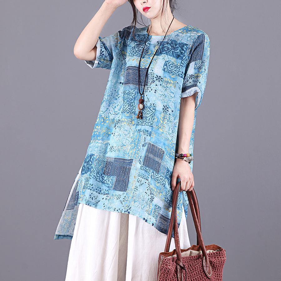 Style o neck low high design linen tops women blue print blouses summer - Omychic