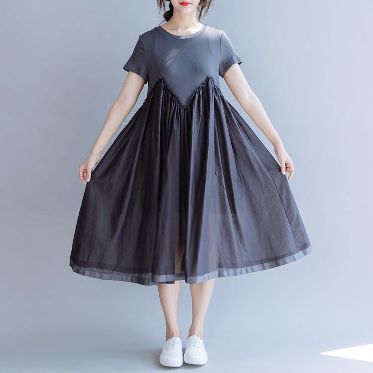 Style o neck patchwork cotton clothes pattern gray Plus Size Dresses summer - Omychic