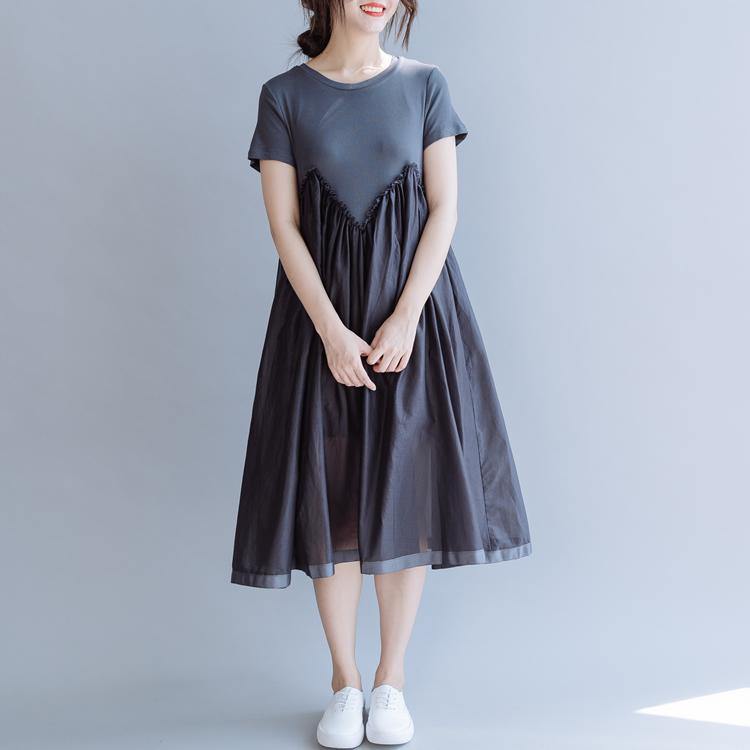 Style o neck patchwork cotton clothes pattern gray Plus Size Dresses summer - Omychic