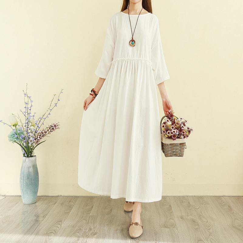 Style o neck patchwork linen cotton clothes Omychic Tunic Tops white Maxi Dresses - Omychic